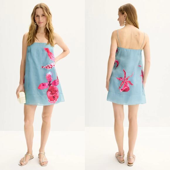 AMUR Dresses & Skirts - AMUR Fran Dress 100% Silk Floral Orchid Print Sleeveless Mini Slip Blue Pink 0